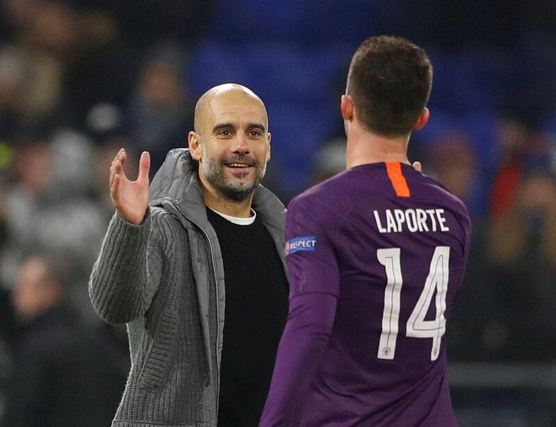 Soccer Football - Champions League - Group Stage - Group F - Olympique Lyonnais v Manchester City - Groupama Stadium, Lyon, France - November 27, 2018  Manchester City manager Pep Guardiola and Aymeric Laporte after the match                 Action Images via Reuters/John Sibley