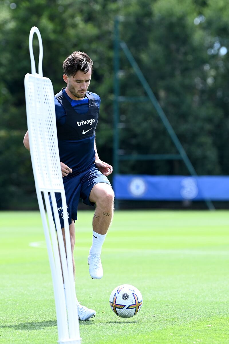 Ben Chilwell takes part in a training session at Chelsea training ground.