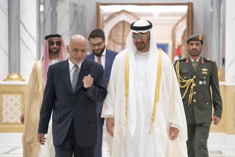 ABU DHABI, UNITED ARAB EMIRATES - March 17, 2019: HH Sheikh Mohamed bin Zayed Al Nahyan, Crown Prince of Abu Dhabi and Deputy Supreme Commander of the UAE Armed Forces (centre R), receives HE Ashraf Ghani, President of Afghanistan (centre L), during a reception at the Presidential Palace. Seen with HH Sheikh Tahnoon bin Zayed Al Nahyan, UAE National Security Advisor (back L).
( Ryan Carter / Ministry of Presidential Affairs )?