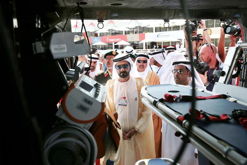 Sheikh Mohammed bin Rashid, Vice President and Ruler of Dubai, tours the Dubai Air Show. Christopher Pike / The National