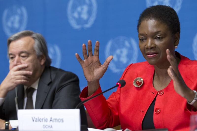 The UN humanitarian chief, Valerie Amos (right), and the UN high commissioner for refugees, Antonio Manuel de Oliveira Guterres, asked for the most money ever requested to help victims of a single conflict. Salvatore Di Nolfi / EPA

