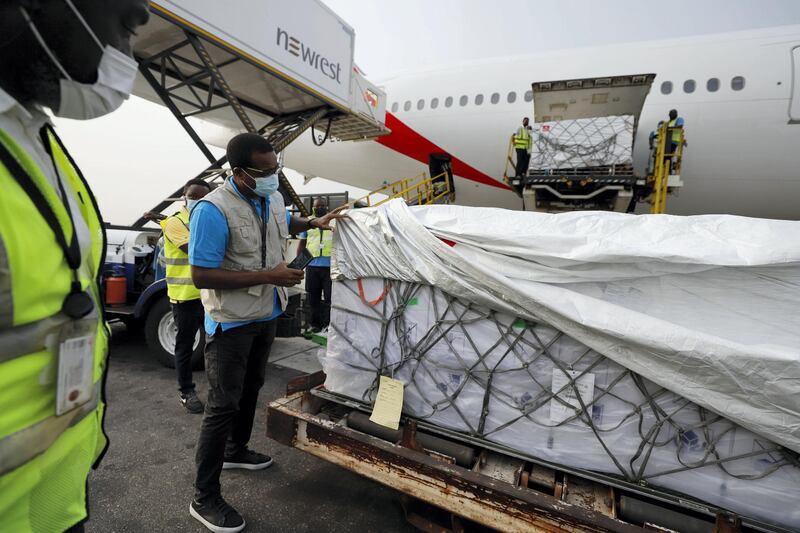 On 24 February 2021, a UNICEF staff inspects the first shipment of COVID-19 vaccines distributed by the COVAX Facility at Kotoka International Airport in Accra, Ghana's capital. 

The shipment with 600 doses of the vaccine also represents the beginning of what should be the largest vaccine procurement and supply operation in history. The COVAX Facility plans to deliver close to 2 billion doses of COVID-19 vaccines this year. This is an unprecedented global effort to make sure all citizens have access to vaccines.
Anne-Claire Dufay UNICEF UNICEF Representative in Ghana and WHO country representative Francis Kasolo said in a joint statement:
After a year of disruptions due to the COVID-19 pandemic, with more than 80,700 Ghanaians getting infected with the virus and over 580 lost lives, the path to recovery for the people of Ghana can finally begin.

"This is a momentous occasion, as the arrival of the COVID-19 vaccines into Ghana is critical in bringing the pandemic to an end," 

These 600,000 COVAX vaccines are part of an initial tranche of deliveries of the AstraZeneca / Oxford vaccine licensed to the Serum Institute of India, which represent part of the first wave of COVID vaccines headed to several low and middle-income countries.
“The shipments also represent the beginning of what should be the largest vaccine procurement and supply operation in history. The COVAX Facility plans to deliver close to 2 billion doses of COVID-19 vaccines this year. This is an unprecedented global effort to make sure all citizens have access to vaccines.
“We are pleased that Ghana has become the first country to receive the COVID-19 vaccines from the COVAX Facility. We congratulate the Government of Ghana – especially the Ministry of Health, Ghana Health Service, and Ministry of Information - for its relentless efforts to protect the population. As part of the UN Country Team in Ghana, UNICEF and WHO reiterate our commitment to support the vaccination campaign and contain the s