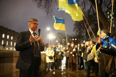 Ukraine's ambassador to the UK, Vadym Prystaiko, speaks at a rally outside Downing Street on Wednesday. Reuters
