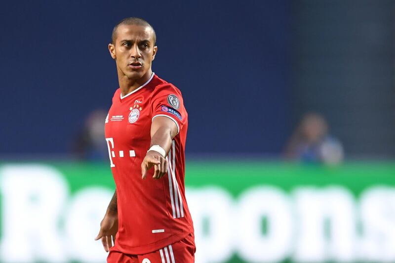 (FILES) In this file photo taken on August 23, 2020 Bayern Munich's Spanish midfielder Thiago Alcantara gestures during the UEFA Champions League final football match between Paris Saint-Germain and Bayern Munich at the Luz stadium in Lisbon. Liverpool announced the signing of Thiago Alcantara from Bayern Munich on Friday, September 18. - XGTY
 / AFP / David Ramos / XGTY
