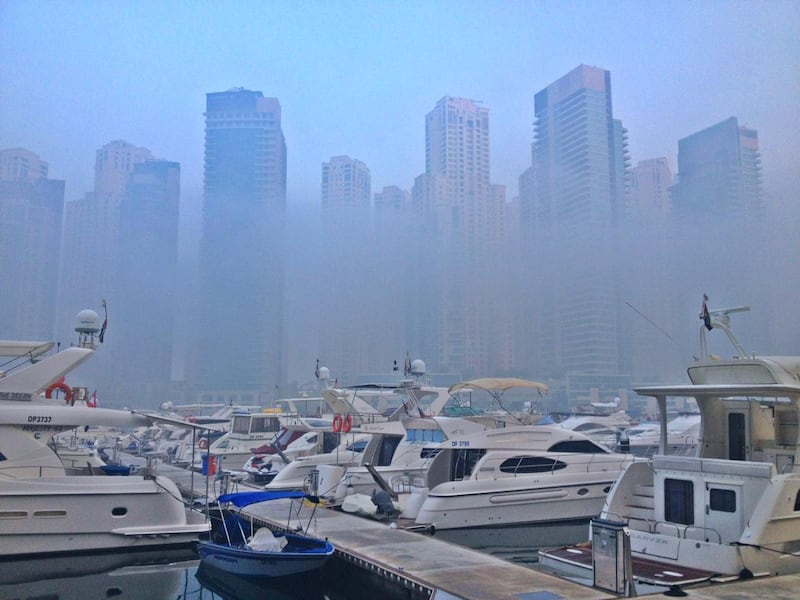 Dubai marina woke up to fog clinging to the towers. Photo courtesy Marcin Jedrowiak.