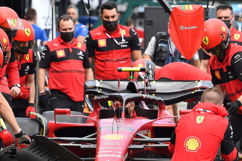 Ferrari crew members practice pit stops at the Albert Park Circuit in Melbourne. AFP