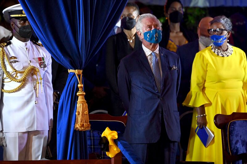 Prince Charles, Prince of Wales attends the Presidential Inauguration Ceremony at Heroes Square in Bridgetown, Barbados.  AFP