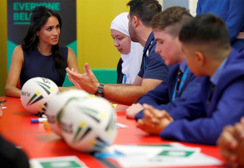 Meghan visits a western Sydney high school to meet students involved with the 'In League in Harmony Youth Advocate' programme in Sydney. AP Photo