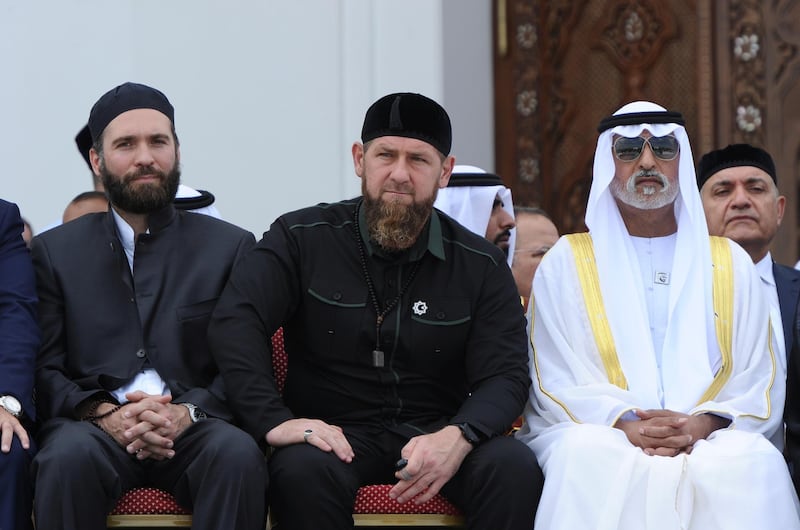Sheikh Nahyan bin Mubarak Al Nahyan, right, UAE Minister of Tolerance; Ramzan Kadyrov, centre, head of the Chechen Republic, attend the inauguration ceremony.