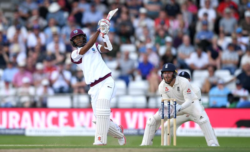 LEEDS, ENGLAND - AUGUST 26:  Kraigg Brathwaite of England hits out for six runs to reach his century during day two of the 2nd Investec Test between England and the West Indies at Headingley on August 26, 2017 in Leeds, England.  (Photo by Gareth Copley/Getty Images)