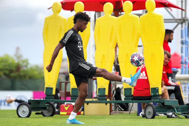 LAGOS, PORTUGAL - AUGUST 12: Kingsley Coman of Bayern Munich controls the ball during a training session on August 12, 2020 in Lagos, Portugal. (Photo by M. Donato/FC Bayern via Getty Images)