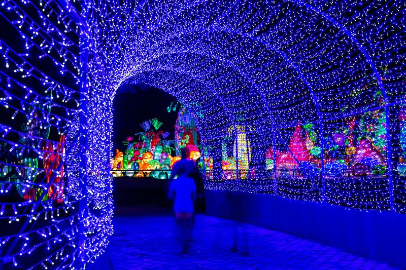 Visitors are surrounded by light as they walk through dazzling arches