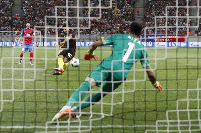 Manchester City's Sergio Aguero has his penalty saved by Steaua Bucharest's Florin Nita. (Reuters)