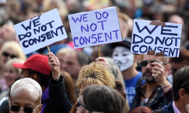 People attend a 'We Do Not Consent' rally at Trafalgar Square.  EPA