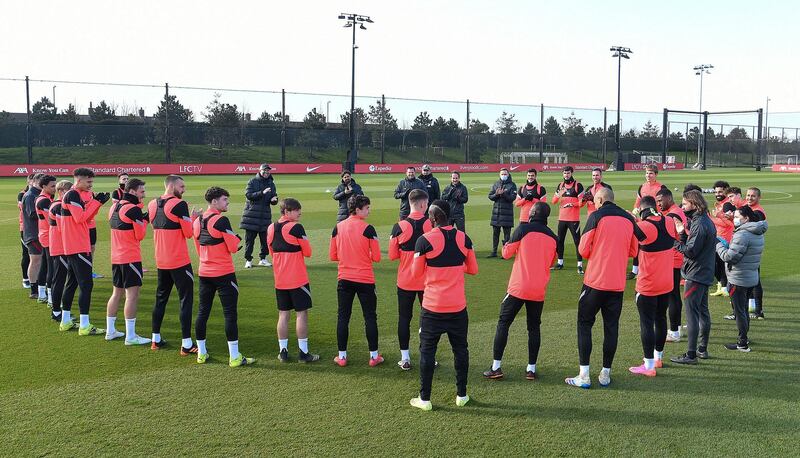 KIRKBY, ENGLAND - APRIL 13: (THE SUN OUT. THE SUN ON SUNDAY OUT)  The Liverpool Squad during a training session at AXA Training Centre on April 13, 2021 in Kirkby, England. (Photo by John Powell/Liverpool FC via Getty Images)