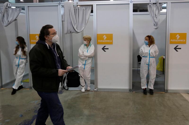 Medical workers in vaccination booths in Belgrade, Serbia. AP