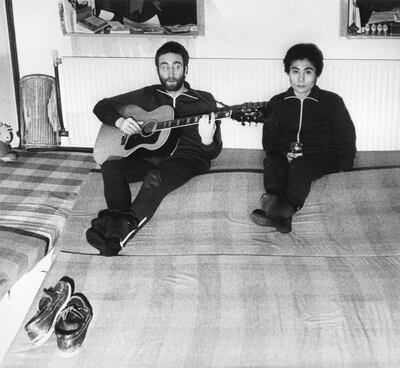 John Lennon with his wife Yoko Ono in Herred, Jutland in Denmark on January 26, 1970. AFP