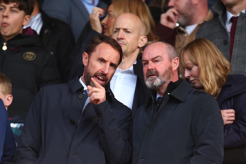 England manager Gareth Southgate, left, with his Scotland counterpart Steve Clarke at St Mary's Stadium. Getty