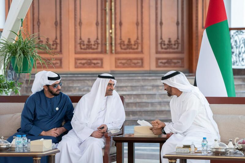 ABU DHABI, UNITED ARAB EMIRATES - February 05, 2019: HH Sheikh Mohamed bin Zayed Al Nahyan, Crown Prince of Abu Dhabi and Deputy Supreme Commander of the UAE Armed Forces (R) receives HH Sheikh Hamad bin Mohamed Al Sharqi, UAE Supreme Council Member and Ruler of Fujairah (C), during a Sea Palace barza. Seen with HH Sheikh Hamdan bin Zayed Al Nahyan, Ruler’s Representative in Al Dhafra Region (L).

( Rashed Al Mansoori / Ministry of Presidential Affairs )
---