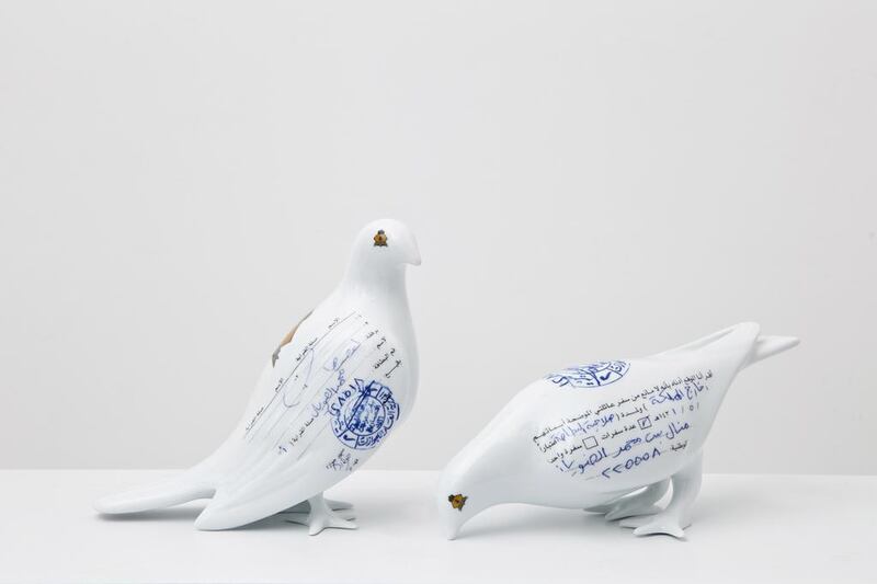 Manal al-Dowayan. Suspended Together – (Standing Dove, Eating Dove), 2012. porcelain 20 x 10 x 23 cm each. Image by Niccolò Corradini, Capital D Studio