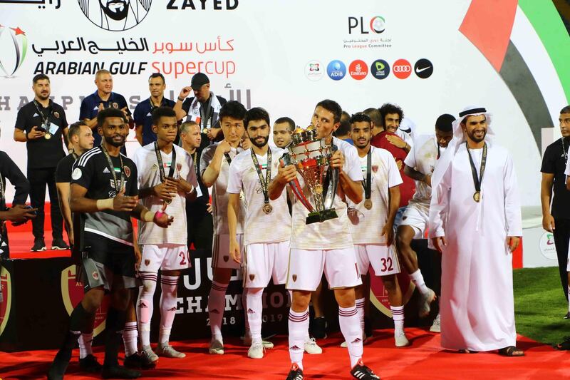 Al Wahda celebrate UAE Super Cup success following a penalty shoot-out victory over Al Ain in the Arabian Gulf Super Cup match played in Cairo, Egypt. Courtesy AGL