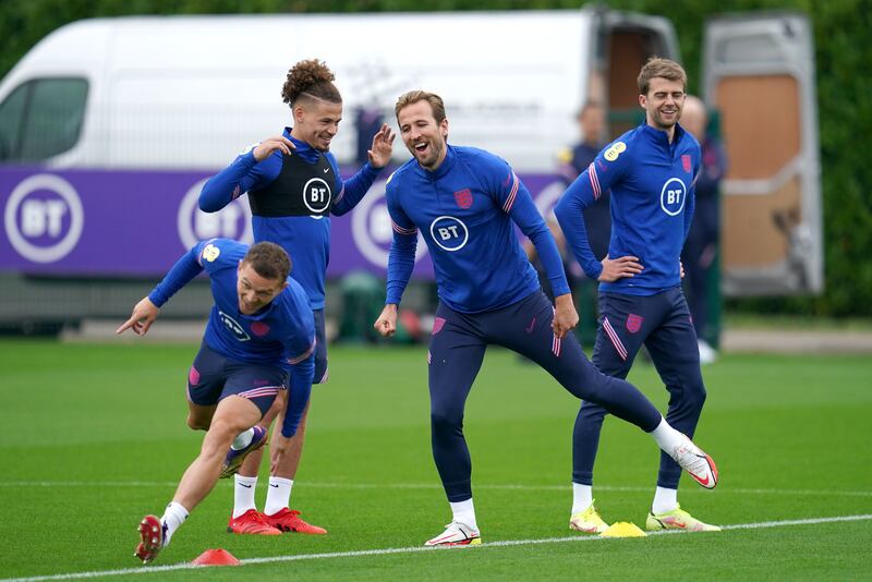 Left to right, England's Kalvin Phillips, Kieran Trippier, Patrick Bamford and Harry Kane during a training session at the Hotspur Way Training Ground in London on Saturday, September 4, 2021. PA