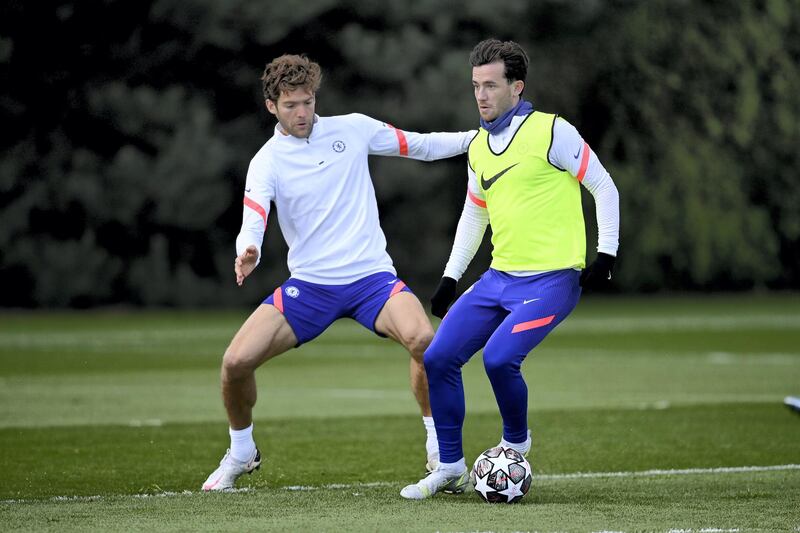 COBHAM, ENGLAND - MAY 04:  Marcos Alonso and Ben Chilwell of Chelsea during a training session at Chelsea Training Ground on May 4, 2021 in Cobham, England. (Photo by Darren Walsh/Chelsea FC via Getty Images)