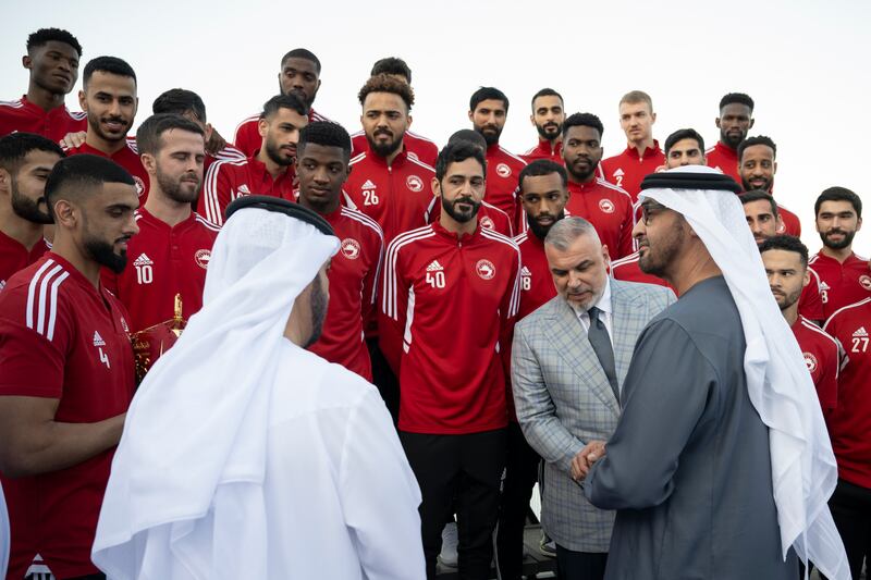 President Sheikh Mohamed congratulates Sharjah's players on their performance in the President's Cup
