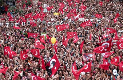 epa07658567 Supporters of Republican People's Party 'CHP' candidate for Istanbul mayor Ekrem Imamoglu hold banners and flags during his repeated election campaign rally in Istanbul, Turkey, 19 June 2019. According to media reports, the Turkish Electoral Commission has ordered a repeat of the mayoral election in Istanbul on 23 June, after Turkish President Recep Tayyip Erdogan's AK Party had alleged there was 'corruption' behind his party losing.  EPA/SEDAT SUNA