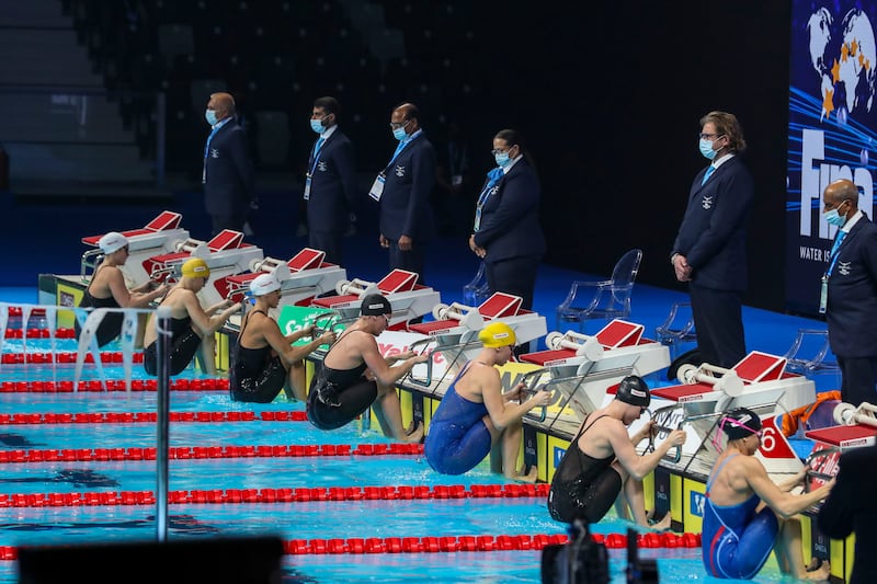 Swimmers on the opening night of World Swimming Championships at Etihad Arena.
