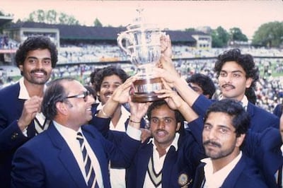 A jubilant India team lift the 1983 World Cup after beating West Indies in the final.
