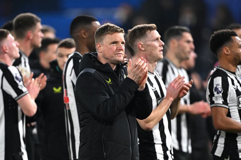 Newcastle United manager Eddie Howe and his players applaud the fans after the match. Getty Images
