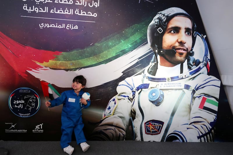 Dubai, United Arab Emirates - September 25, 2019: People attend a live screening of launch of first UAE astronaut into space. Wednesday the 25th of September 2019. Mohammed Bin Rashid Space Centre, Dubai. Chris Whiteoak / The National