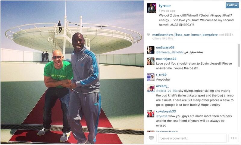 Tyrese Gibson with Vin Diesel at a helipad in Dubai.