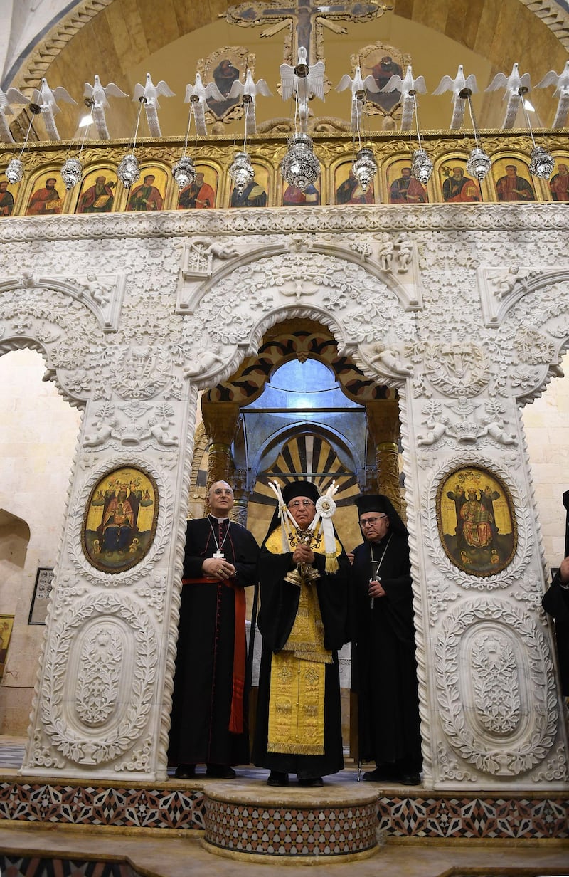 Patriarch of the Melkite Greek Catholic Church Youssef Al Absi, leads prayers leads prayers.
