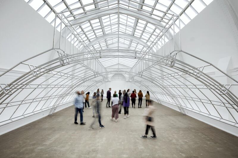 Ayse Erkmen’s aluminium structure for Leeds Art Gallery, which recreates the museum’s original glass roof. Courtesy Jerry Hardman-Jones