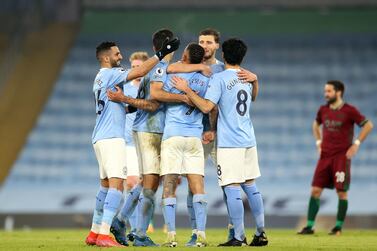 Manchester City's Gabriel Jesus and team-mates celebrate the fourth goal against Wolves. PA