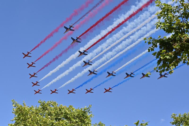 Red Arrows and Patrouille de France perform a flypast over The Mall to commemorate the appeal of the 18th June speech by Charles De Gaulle in London, England. Getty Images