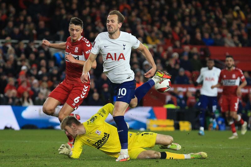 Middlesbrough goalkeeper Joe Lumley stops Tottenham's  Harry Kane. AFP