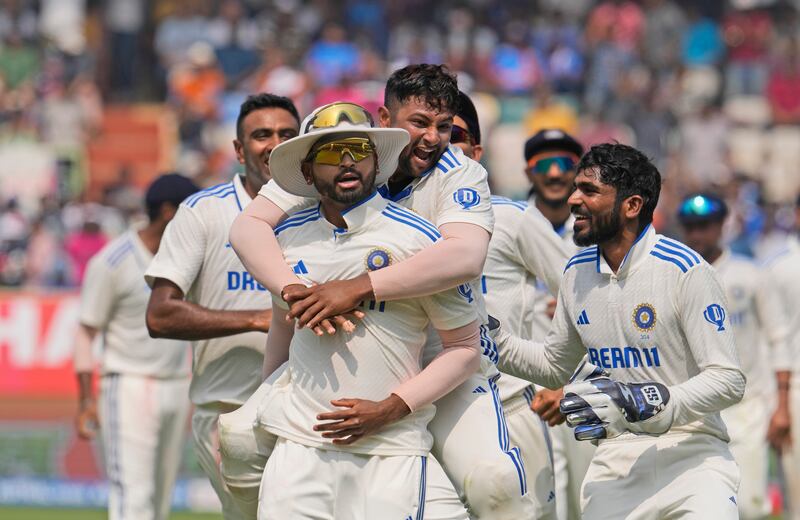 Indian players celebrate the run out of England's Ben Stokes by Shreyas Iyer. AP