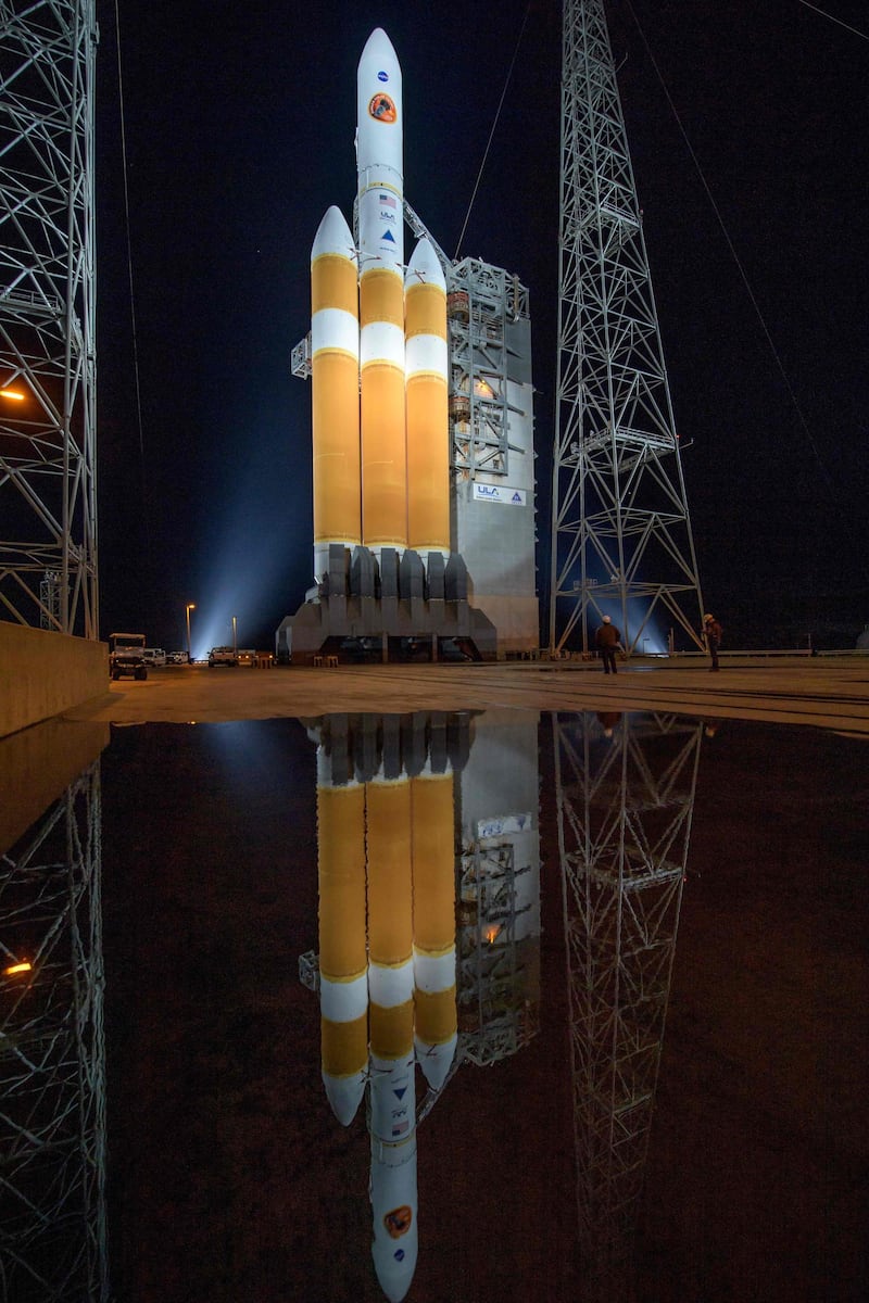 This photo released by NASA shows the United Launch Alliance Delta IV Heavy rocket with the Parker Solar Probe onboard shortly after the Mobile Service Tower was rolled back. AFP/NASA