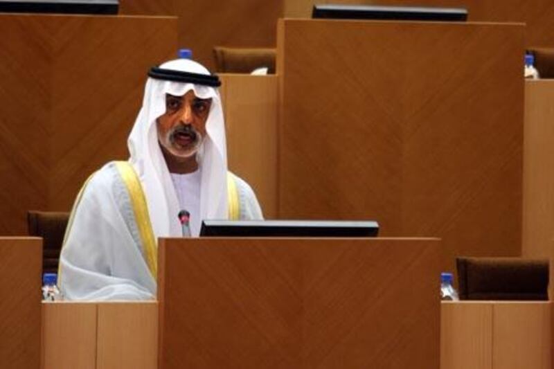 Sheikh Nahyan bin Mubarak, the Minister of Higher Education and Scientific Research, speaks during the FNC meeting in the capital yesterday.