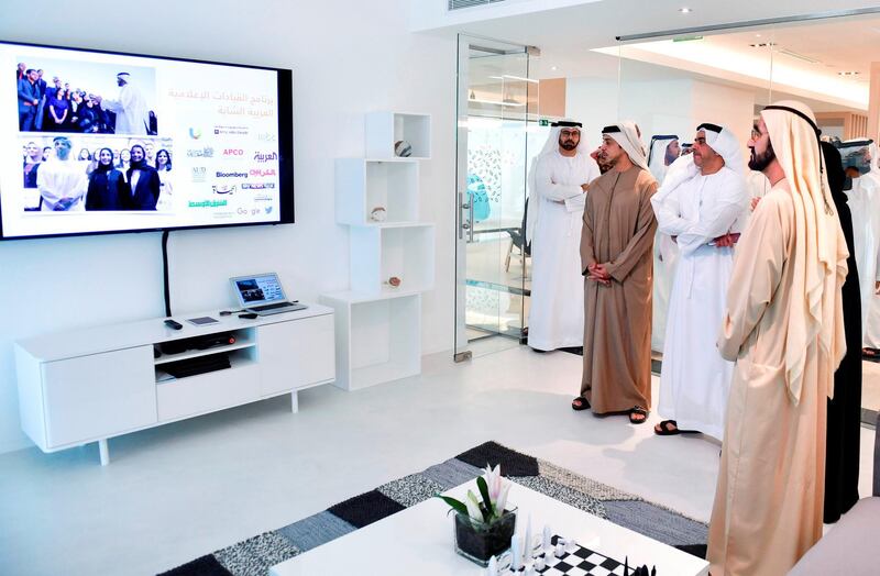 Sheikh Mohammed bin Rashid, Vice President and Ruler of Dubai, inaugurates the Centre for Arab Youth in Abu Dhabi. Seen with Sheikh Saif bin Zayed, Deputy Prime Minister and Minister of Interior, Sheikh Mansour bin Zayed, Deputy Prime Minister and Minister of Presidential Affairs and Mohammed Al Gergawi, Minister of State for Cabinet Affairs and the Future. Wam