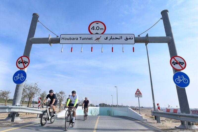 Cyclists emerge from the newly named Houbara Tunnel. Courtesy: Dubai Media Office