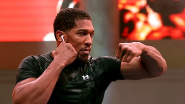 RIYADH, SAUDI ARABIA - MARCH 05: Anthony Joshua trains during a media workout ahead of the Heavyweight fight between Anthony Joshua and Francis Ngannou on the Knockout Chaos event between Anthony Joshua and Francis Ngannou, on March 05, 2024 in Riyadh, Saudi Arabia. (Photo by Richard Pelham / Getty Images)