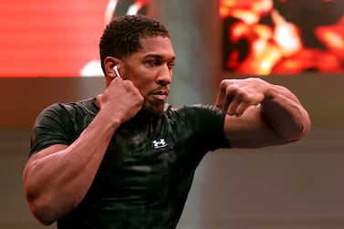 RIYADH, SAUDI ARABIA - MARCH 05: Anthony Joshua trains during a media workout ahead of the Heavyweight fight between Anthony Joshua and Francis Ngannou on the Knockout Chaos event between Anthony Joshua and Francis Ngannou, on March 05, 2024 in Riyadh, Saudi Arabia. (Photo by Richard Pelham / Getty Images)