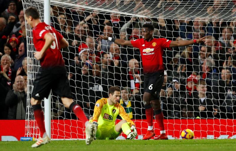 Manchester United's Paul Pogba celebrates after Marcus Rashford scores United's third goal. Reuters