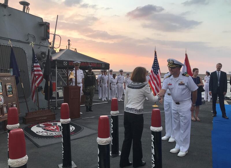 The US Ambassador to Lebanon, Elizabeth Richard, left, hosted a reception aboard the USS Ramage while it was docked in Beirut.  AFP