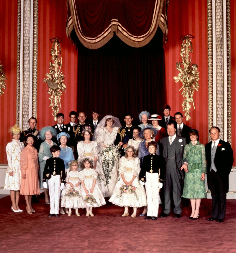 An official family photo taken on the wedding day of Prince Charles and Lady Diana, the Princess of Wales. Back Row, from left to right:  Mark Phillips, Prince Andrew, Viscount Linley, the Duke of Edinburgh, Prince Edward, the Princely Couple, Ruth, Lady Fermoy (the bride's grandmother), Lady Jane Fellowes (the bride's sister), Viscount Althorp (Diana's brother) and Robert Fellowes. Centre row, from left to right: Princess Anne, Princess Margaret, the Queen Mother, Queen Elizabeth II, India Hicks, Lady Sarah Armstrong-Jones, Mrs Shand Kydd (Diana's mother) Count Spencer, Lady Sarah McCorquodale (Diana's sister), Neil McCorquodale. Front row: ushers and bridesmaids