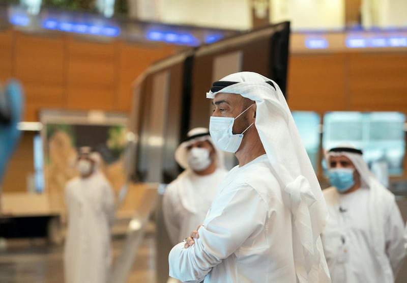 AL RUWAIS, WESTERN REGION OF ABU DHABI, UNITED ARAB EMIRATES - June 17, 2020: HH Sheikh Mohamed bin Zayed Al Nahyan, Crown Prince of Abu Dhabi and Deputy Supreme Commander of the UAE Armed Forces (R), witnesses the progress of ADNOC projects in Al Ruwais.

( Mohamed Al Hammadi / Ministry of Presidential Affairs )
---